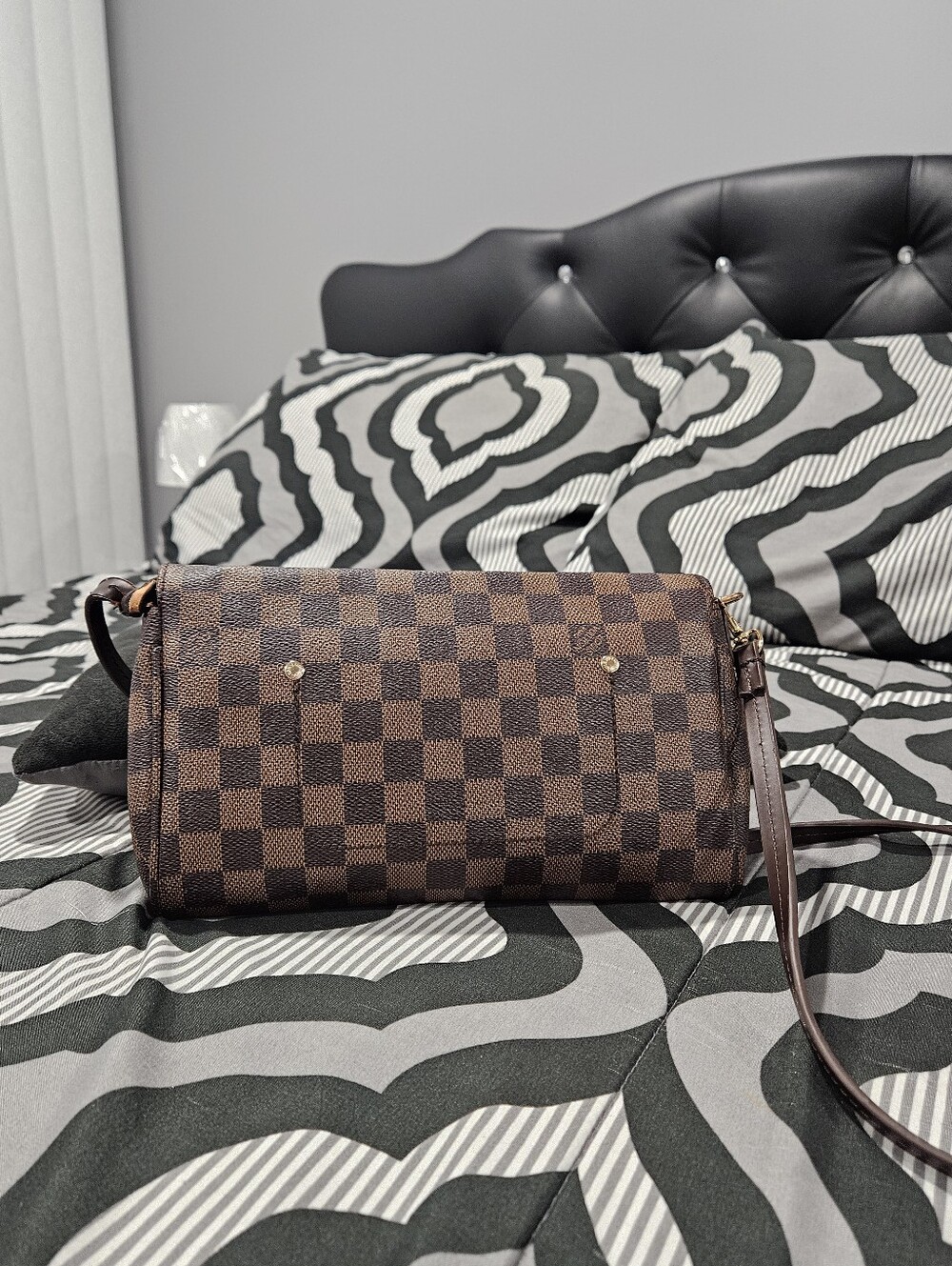 Brown Checkered Crossbody Bag with Pom Pom - Picture 4 of 9